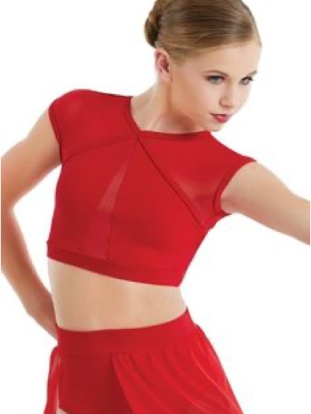 Red Dance Crop Top - Women's Performance - Illusion Mesh Cap Sleeve Crop Top